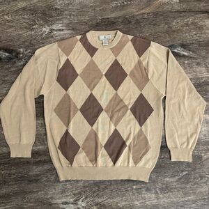 Bobby Chan Men's Argyle Crewneck Sweater Tan Brown Knit Pullover Long Sleeve L